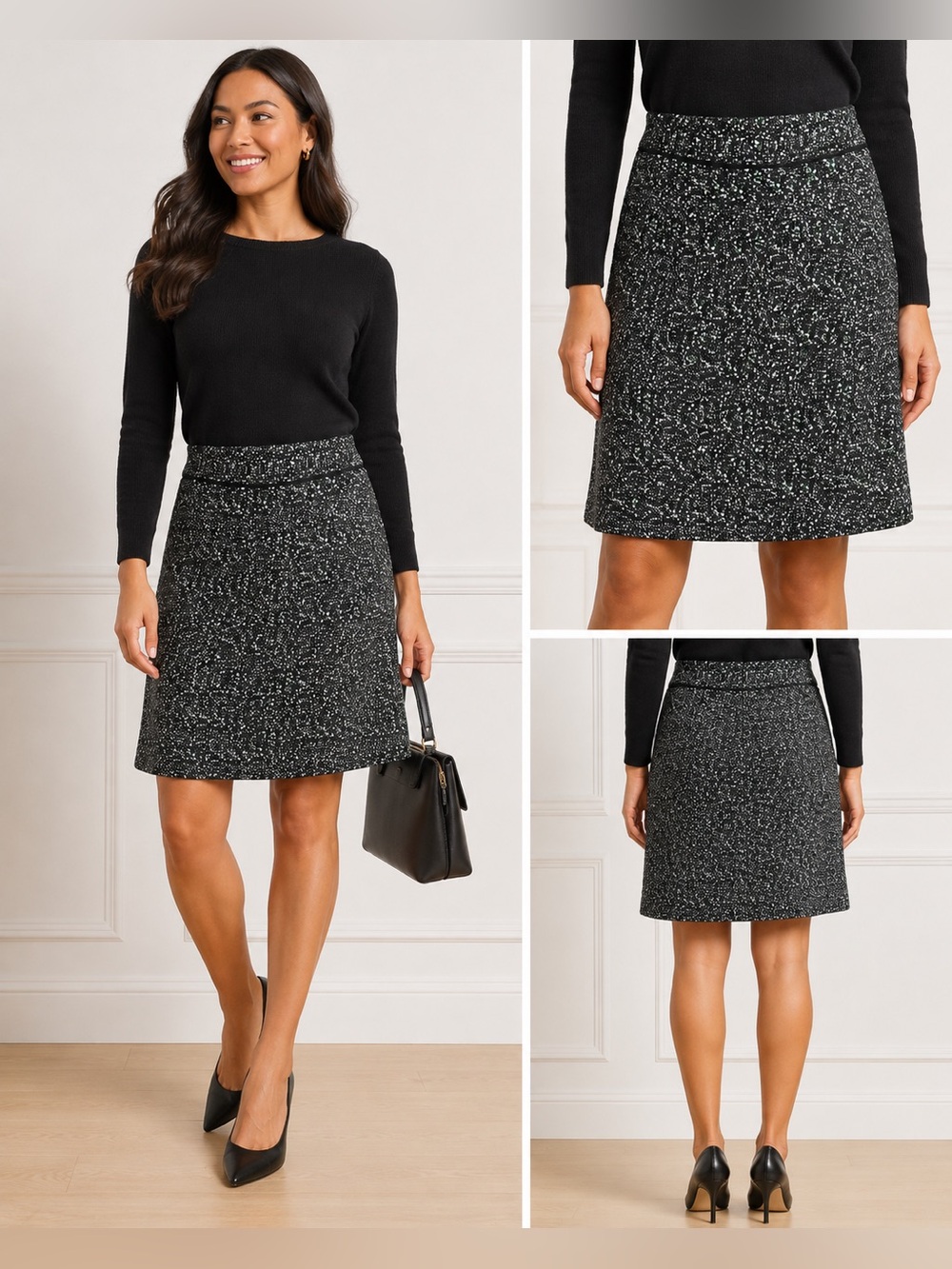 Ann Taylor Size 4 Black Green White Tweed A-Line Skirt Career Workwear